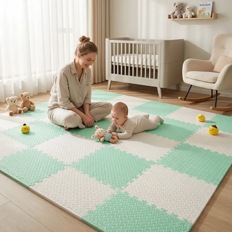 maman assis tapis mousse puzzle bébé tummy time joue hochet