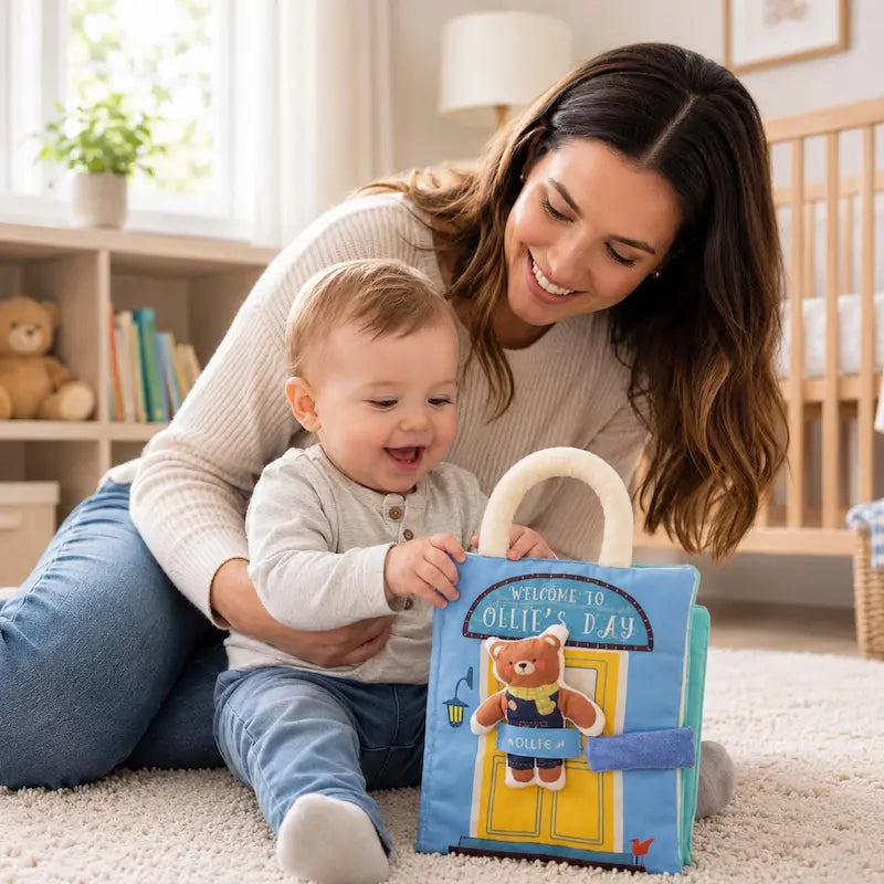 maman assis tient bebe assis découvre livre bebe en tissus