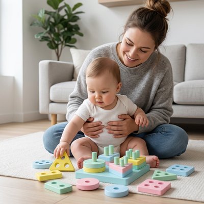 maman assis tient bébé tient element triangle puzzle bebe