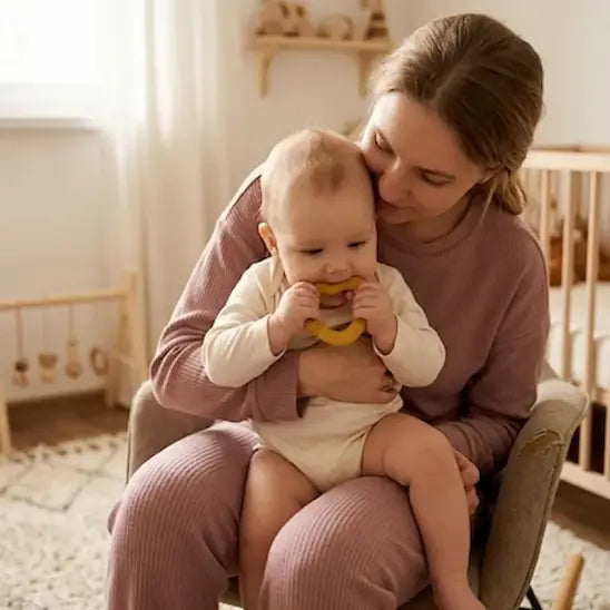maman assise chaise tient genou bébé mord anneau dentition bébé