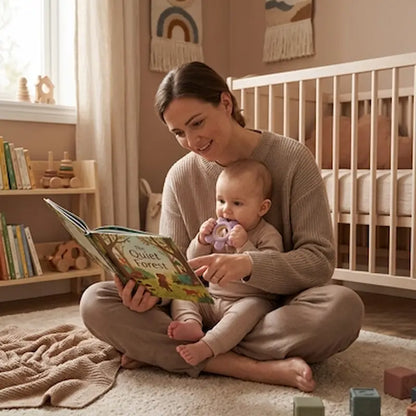 maman assise lit livre bébé mord anneau dentition bebe violet