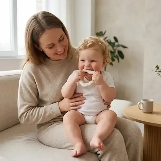 maman assise tient bébé genou mord anneau dentition bébé
