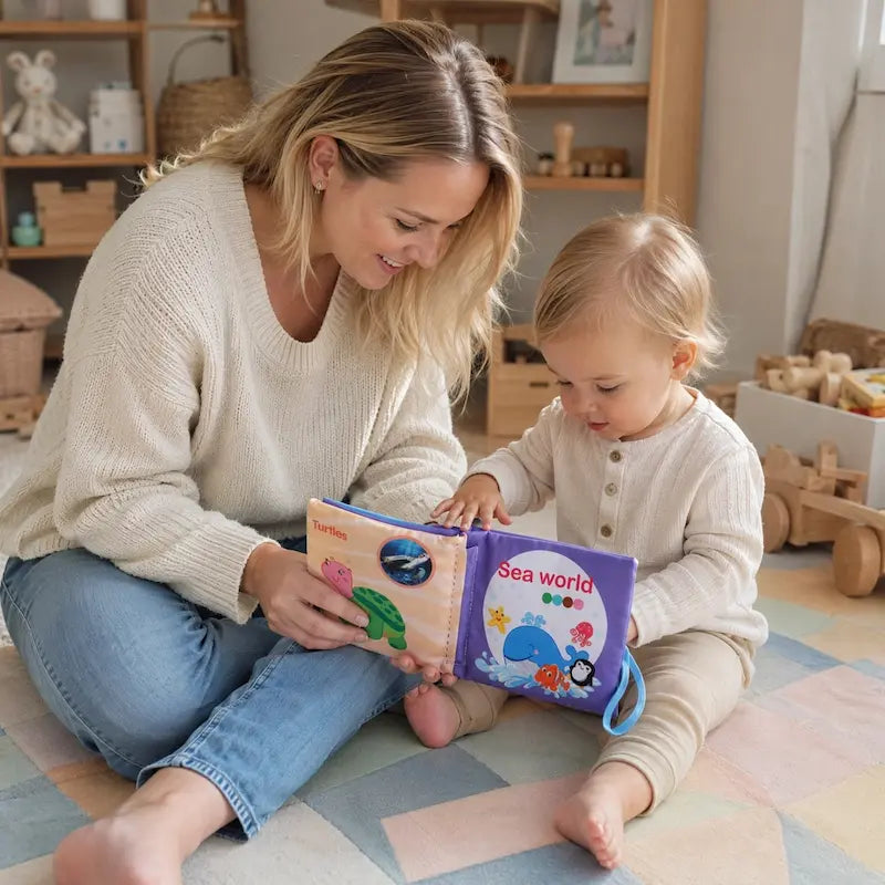 maman bebe assis chambre regardent livre bebe en tissus