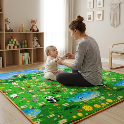 Maman bébé assis tapis de jeu bébé joue ensemble