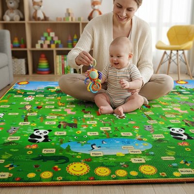 Maman bébé assis tapis de jeu bébé tient hochet bébé