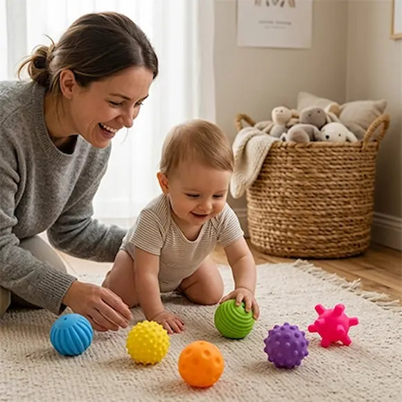 maman bébé assis tapis montre balle sensorielle bebe