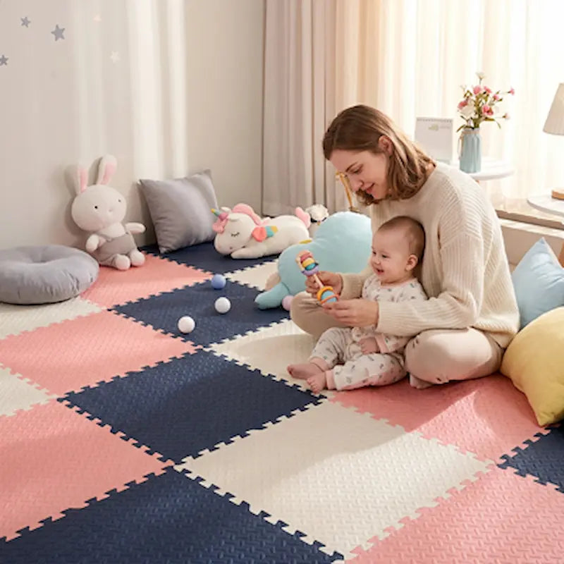 maman bébé assis tapis mousse puzzle bleu fonce rose