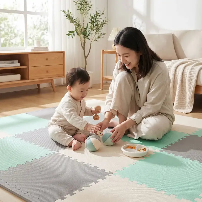 maman bébé assis tapis mousse puzzle vert blanc gris jouent