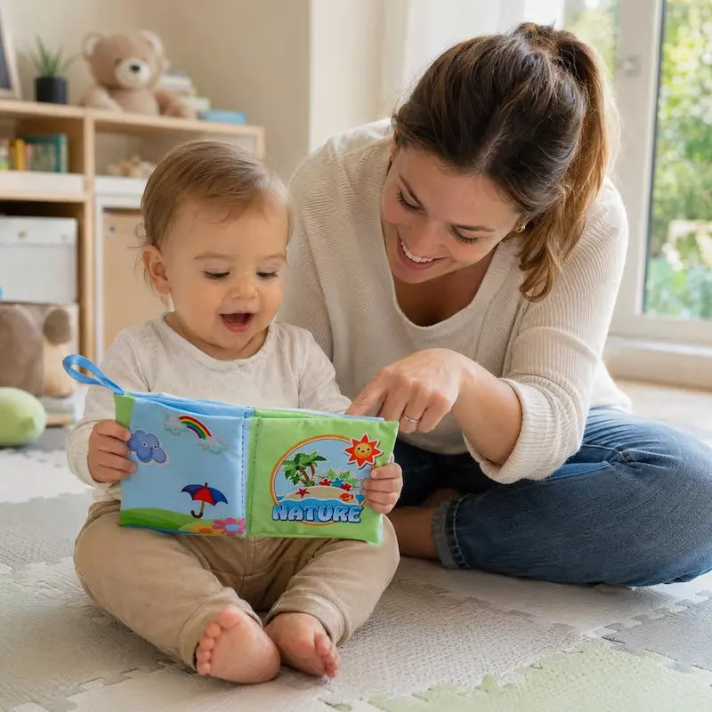 maman bebe assis tapis puzzle regardent livre bebe en tissus