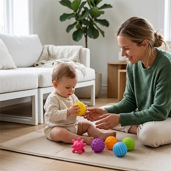 maman bébé assis tapis tient mains balle sensorielle bebe jaune