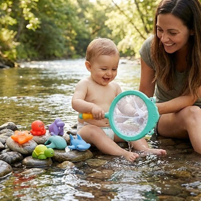 maman bebe riviere tient manche jouet de bain bebe