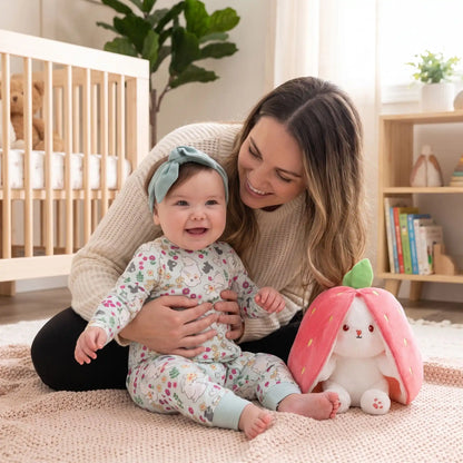 maman câline bébé assis près peluche bebe lapin fraise