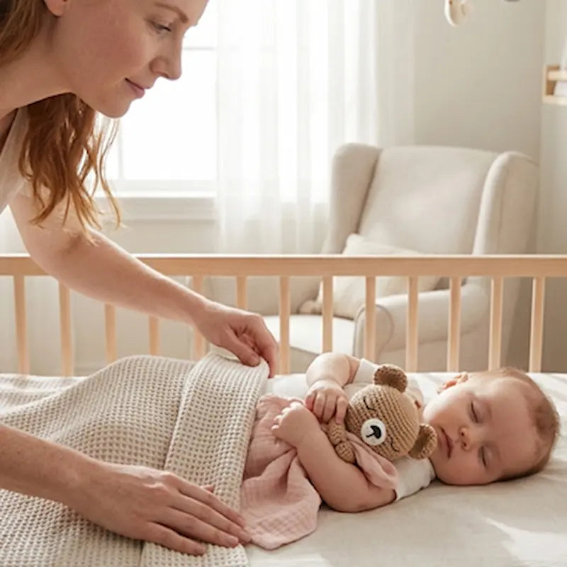 maman couvre bébé dort berceau avec doudou bébé dans bras