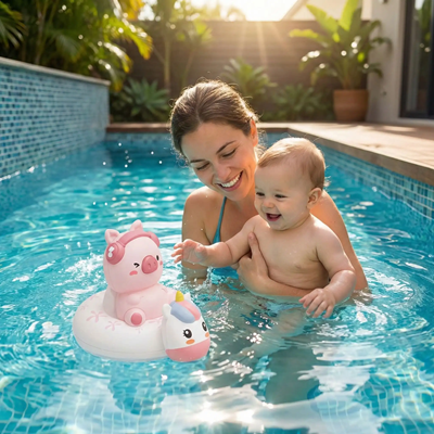 maman dans piscine tient bebe regarde jouet de bain flotte