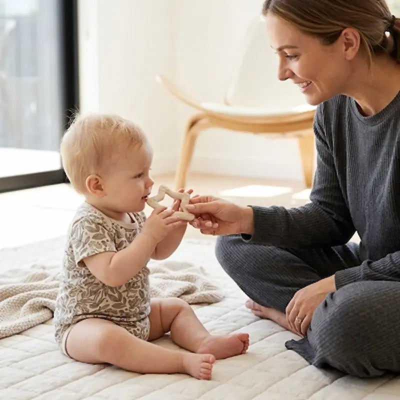 maman donne anneau dentition bébé étoile bébé assis tapis