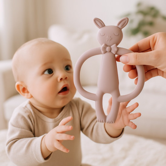 maman donne bebe anneau de dentition rose poudree