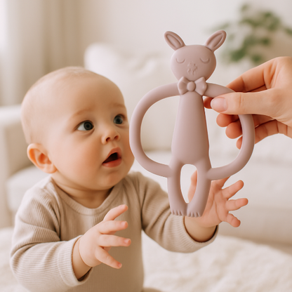 maman donne bebe anneau de dentition rose poudree