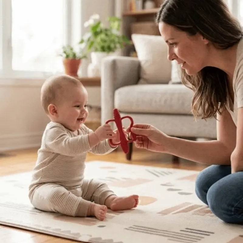 maman donne bébé assis tapis anneau de dentition bébé
