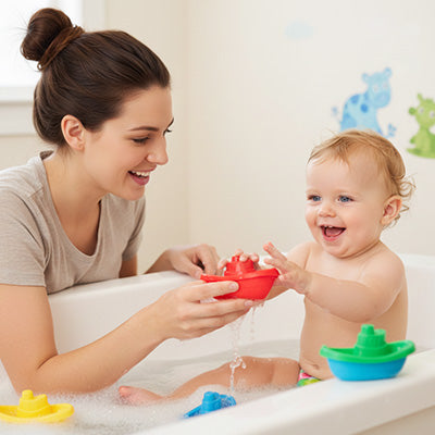 maman donne bebe bain jouet de bain bebe bateau rouge