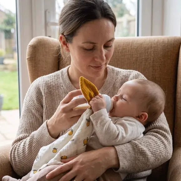 maman donne biberon bébé tient oreille doudou bebe