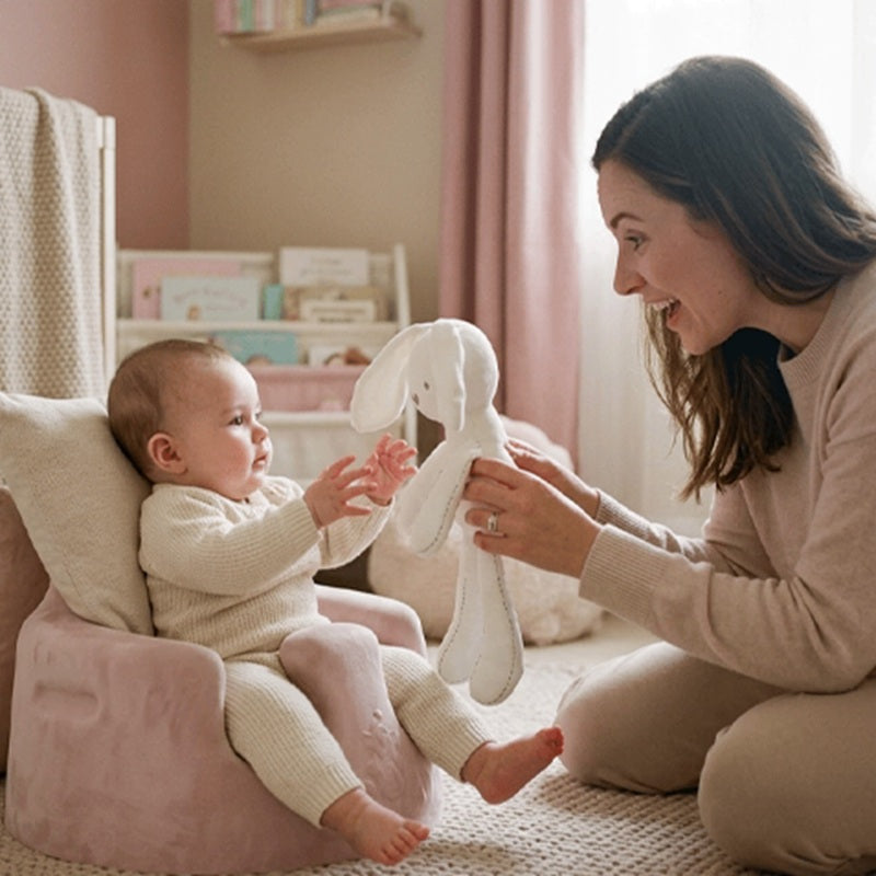 maman donne doudou lapin blanc bébé assis fauteuil bébé