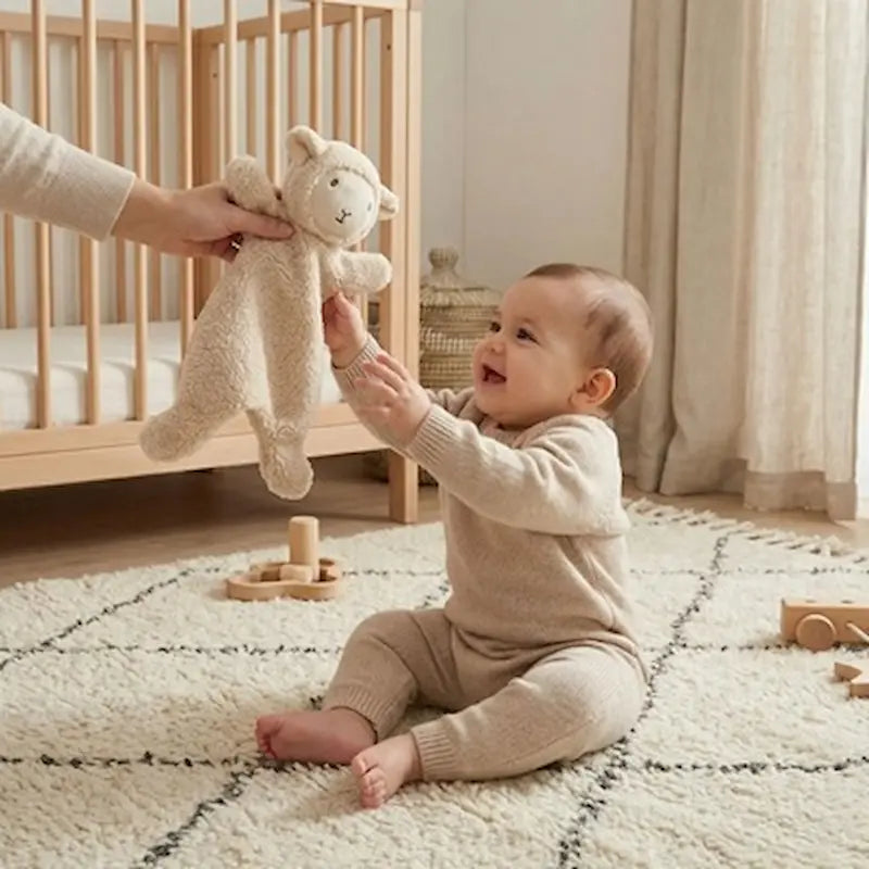 maman donne doudou naissance agneau bébé lève mains pour attraper