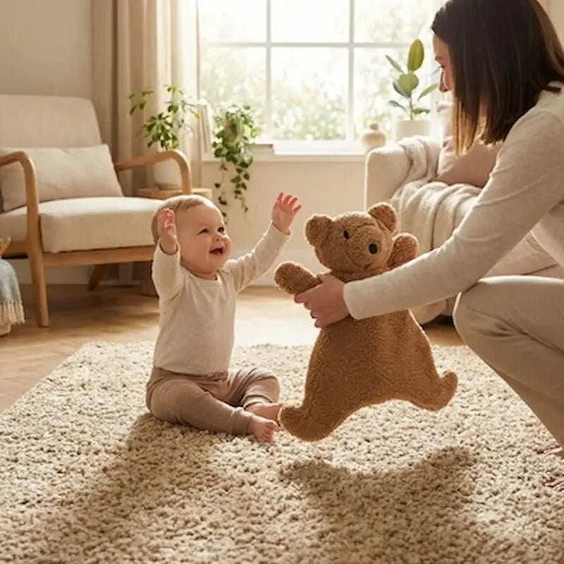 maman donne doudou naissance ourson bébé lève mains pour attraper