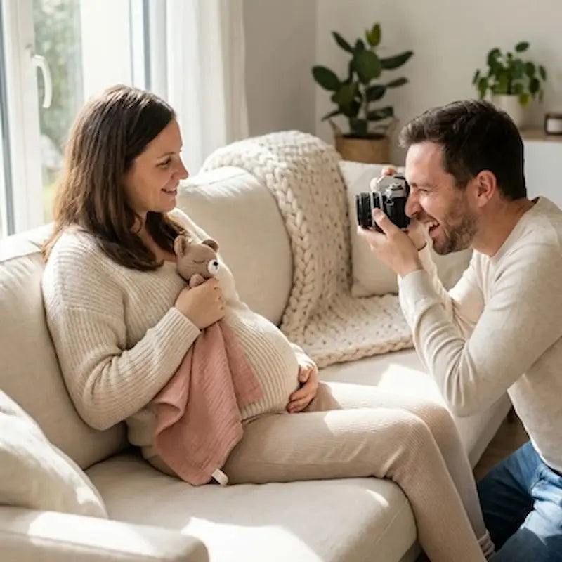 maman enceinte  assise canapé tient doudou bébé main papa photographie