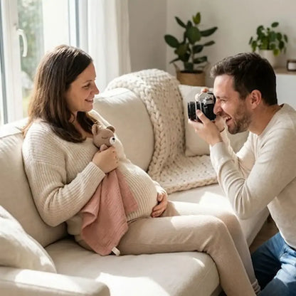 maman enceinte  assise canapé tient doudou bébé main papa photographie