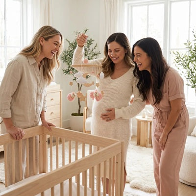 maman enceinte tient mobile pour bebe amies autour berceau