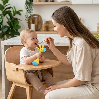 maman fait manger bebe qui tient hochet bebe dans main