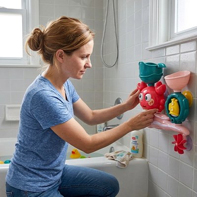maman fixe jouet baignoire bebe ventouse mur salle de bain