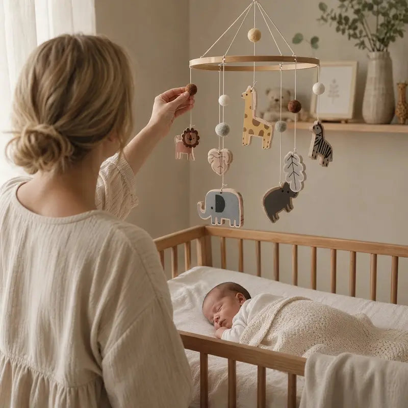 maman fixe mobile bébé plafond bébé dort ventre
