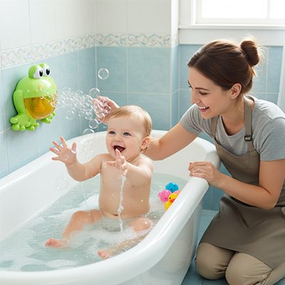 maman genou pres baignoire bebe regarde bulles jouet de bain
