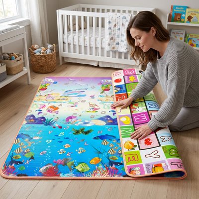 Maman installe le tapis de jeu bébé océan chambre bébé
