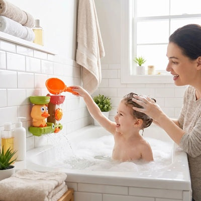 maman lave cheveux fille verse eau jouet de bain bebe