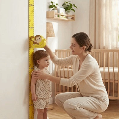 maman mesure grandeur bebe avec toise enfant singe fixe mur