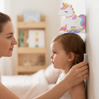 maman mesure petite fille avec toise enfant licorne murale