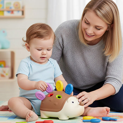 maman montre a bebe comment jouer avec jouet eveil bebe