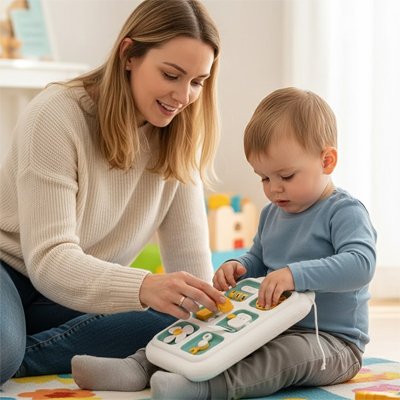 maman montre bebe differentes fonctions busy board vert
