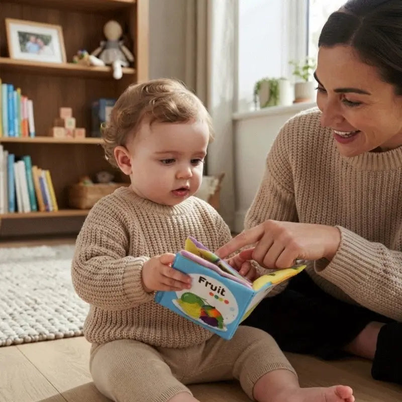 maman montre livre bebe en tissus bebe assis parquet