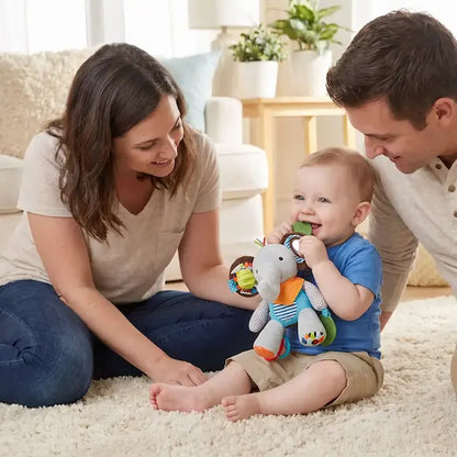 maman papa regarde bébé mord élément silicone peluche bebe éléphant
