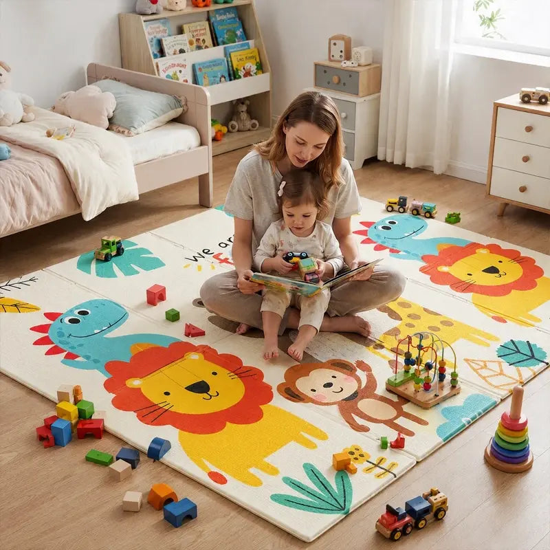 maman petite fille assises tapis motricité bébé regardent livre