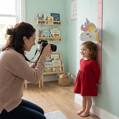 maman photographie petite fille robe rouge debout toise enfant licorne