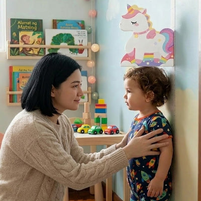 maman place enfant debout dos contre toise enfant licorne