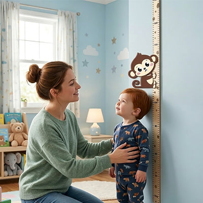 maman place garcon sous singe toise enfant graduee mesure grandeur