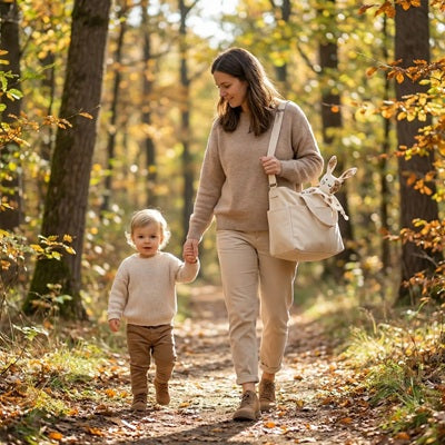 maman porte sac langer doudou naissance dedans promene enfant foret