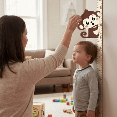 maman prend mesure grandeur garcon toise enfant mur