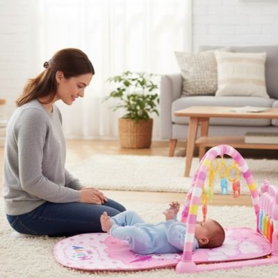 maman regarde bebe allonge dos sous arche deveil rose