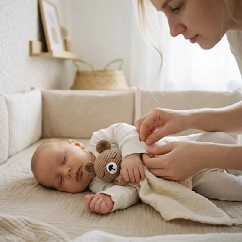 maman regarde bébé dormit avec doudou bébé ourson dans bras